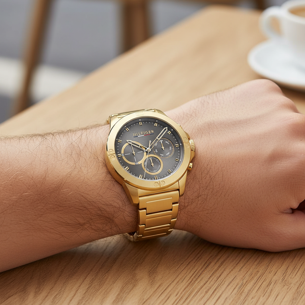 Close up shot of Tommy Hilfiger 1791891 on wrist showing the textured grey dial with multi-function sub-dials and gold-tone hands