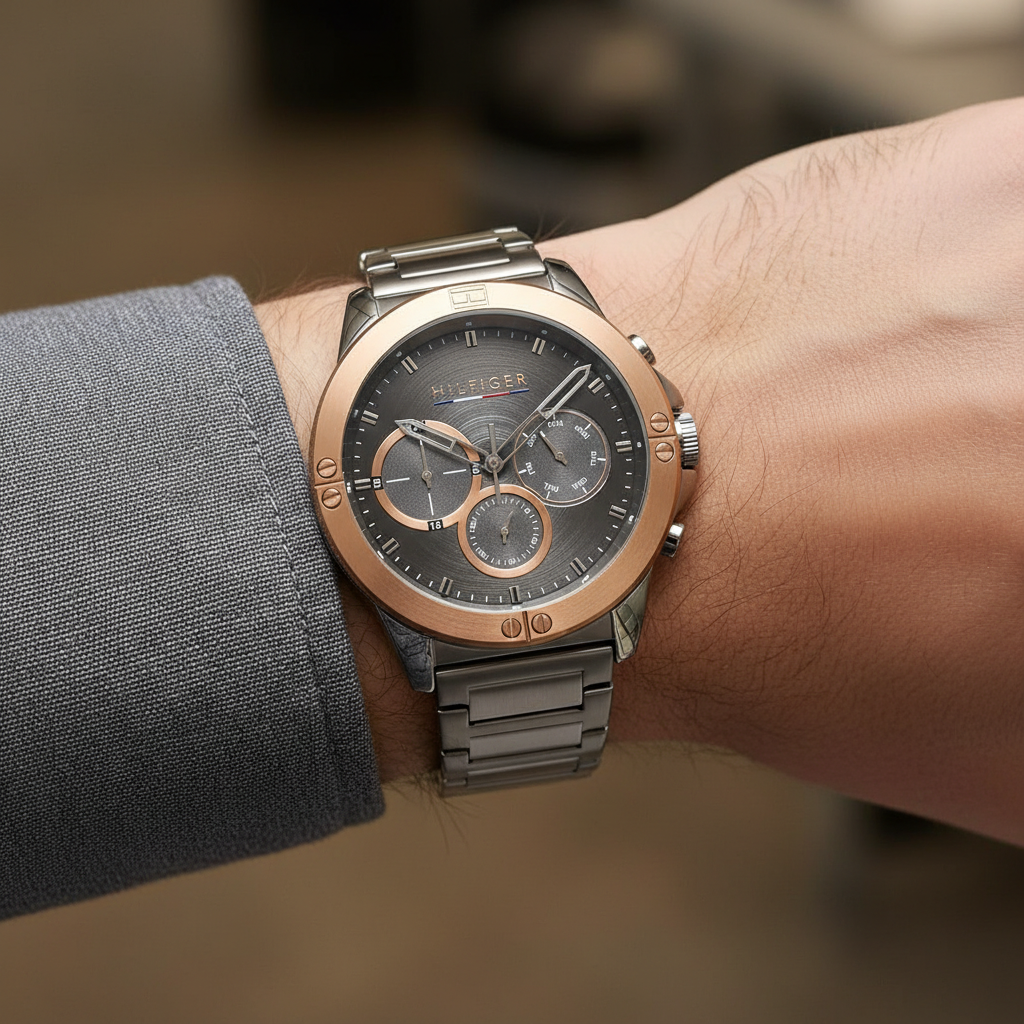 Close up shot of Tommy Hilfiger 1791892 on wrist showing the textured dark grey dial with multi-function sub-dials and gold-tone hands