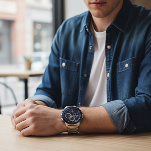 Male model wearing Tommy Hilfiger Harley 1791932 silver and blue watch with casual denim outfit