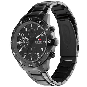 Left side perspective of the black case and sporty bezel details of the Tommy Hilfiger watch