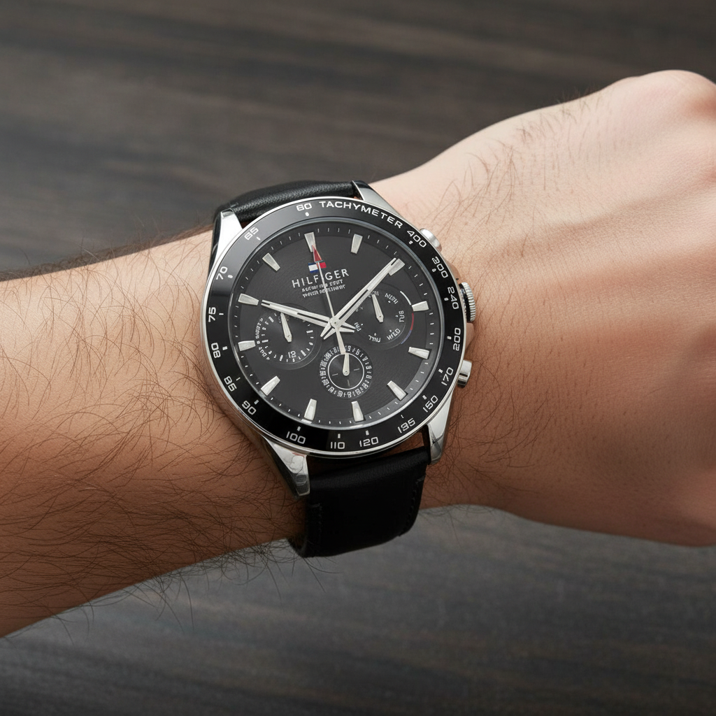 Close up shot of Tommy Hilfiger 1791964 on wrist showing the black dial with multi-function sub-dials and silver-tone hands
