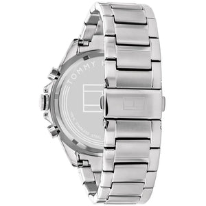 Left side perspective of the silver case and link bracelet details of the Tommy Hilfiger watch