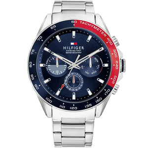 Tommy Hilfiger Owen 1791968 men's watch with silver case, blue dial, and red-blue tachymeter bezel