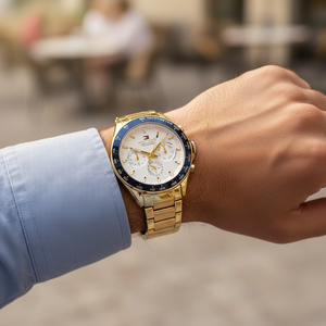 Detailed macro view of the white dial and multifunction sub-dials of Tommy Hilfiger 1791969