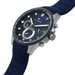 Left side perspective of the Tommy Hilfiger 1791970 blue dial and silicone strap branding