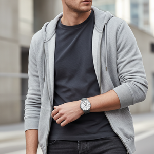 Male model wearing Tommy Hilfiger Max 1791972 grey rubber watch with a casual outfit