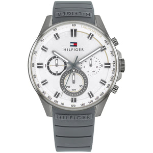 Tommy Hilfiger Max 1791972 men's watch with gunmetal case, white dial, and grey rubber strap