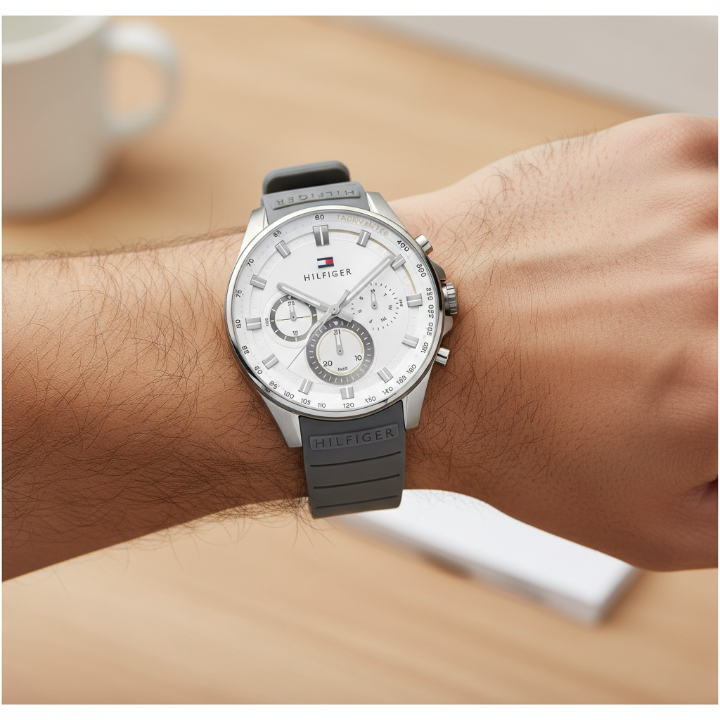 Close up macro view of the white dial and multifunction sub-dials of Tommy Hilfiger 1791972