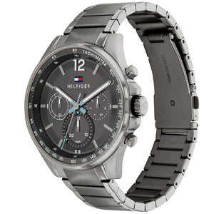 Left side perspective of the Tommy Hilfiger 1791975 grey dial and gunmetal bracelet