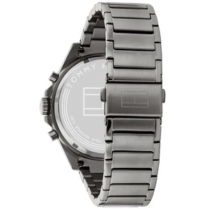 Angled view of the Tommy Hilfiger 1791975 highlighting the brushed gunmetal stainless steel case