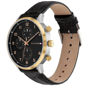 Angled view of the Tommy Hilfiger 1791986 highlighting the silver case and gold bezel