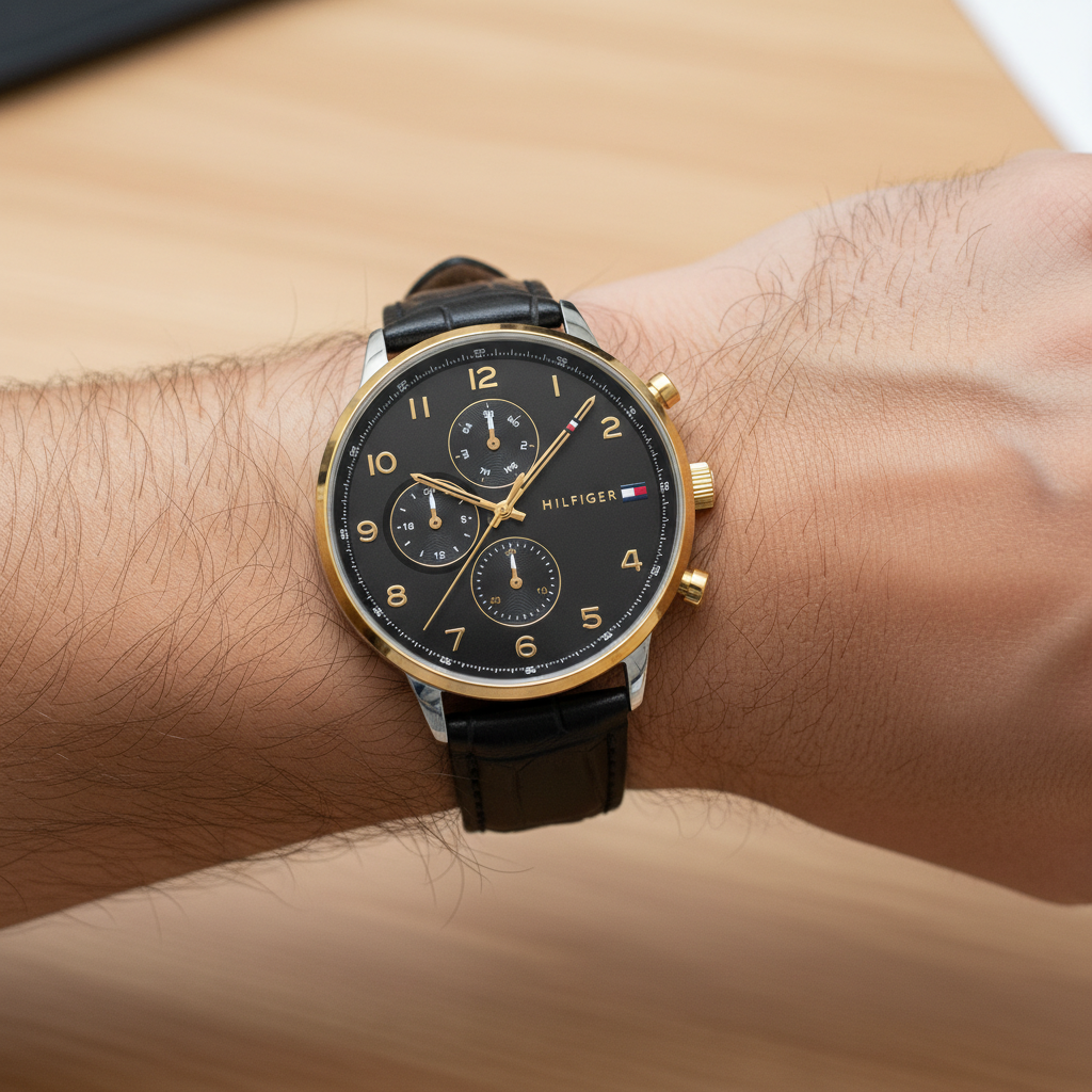 Close up shot of Tommy Hilfiger 1791986 watch on wrist showing the gold Arabic numerals