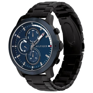 Angled view of the Tommy Hilfiger 1792049 highlighting the navy bezel and black ion-plated finish