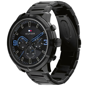 Angled view of the Tommy Hilfiger 1792070 highlighting the robust black ion-plated stainless steel case