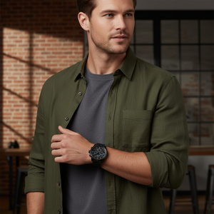 Male model wearing Tommy Hilfiger 1792070 black wild watch with a modern streetwear outfit