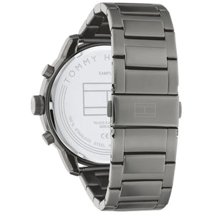 Angled view of Tommy Hilfiger 1792071 highlighting the polished gunmetal case and integrated stainless steel bracelet