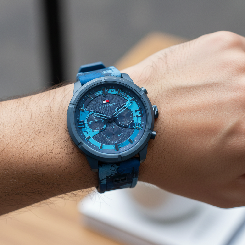 Close up shot of Tommy Hilfiger 1792073 watch on wrist showing the oversized 50mm case and camo pattern