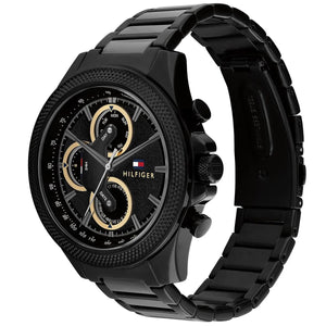 Angled view of Tommy Hilfiger 1792081 highlighting the polished black case and integrated stainless steel bracelet