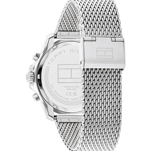Angled view of the Tommy Hilfiger 1792092 highlighting the polished silver case and black bezel