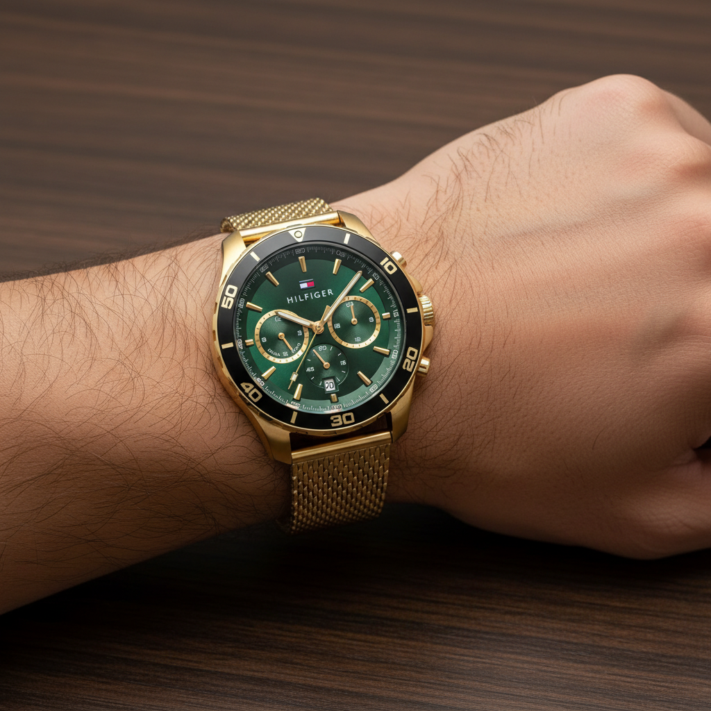 Close up shot of Tommy Hilfiger 1792093 watch on wrist showing the green dial and black bezel