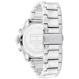 Left side perspective of the Tommy Hilfiger 1792094 blue dial and silver bracelet