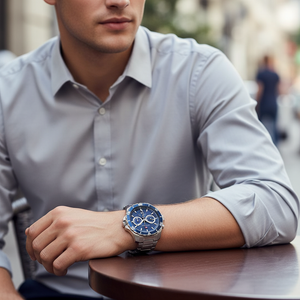 Male model wearing Tommy Hilfiger 1792094 silver watch with a casual travel outfit