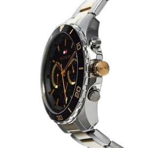 Left side perspective of the Tommy Hilfiger 1792095 black dial and two-tone bracelet