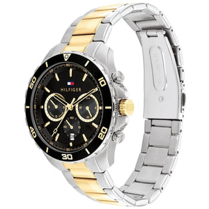 Angled view of the Tommy Hilfiger 1792095 highlighting the polished silver and gold stainless steel case