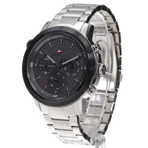 Left side perspective of the Tommy Hilfiger 1792106 black dial and silver link bracelet