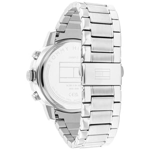 Detailed side view of the silver crown and multifunction pushers on the Tommy Hilfiger 1792106