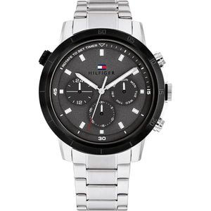 Tommy Hilfiger Troy 1792106 men's watch with silver stainless steel bracelet and black timer bezel
