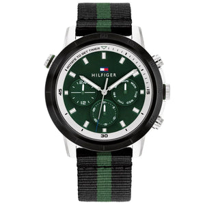 Tommy Hilfiger Banks 1792107 men's watch with silver case, green dial, and black-green striped NATO strap