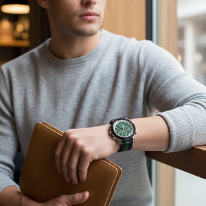 Male model wearing Tommy Hilfiger 1792107 green NATO strap watch with a casual athletic outfit
