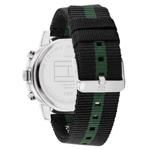Side perspective highlighting the durable NATO fabric strap texture of Tommy Hilfiger 1792107