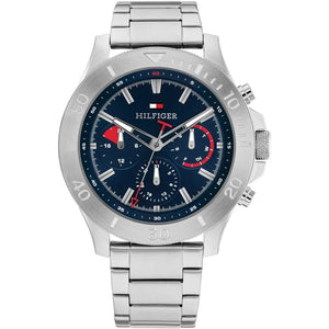 Tommy Hilfiger Bryan 1792113 men's watch with silver case, blue dial, and red accents on silver steel bracelet