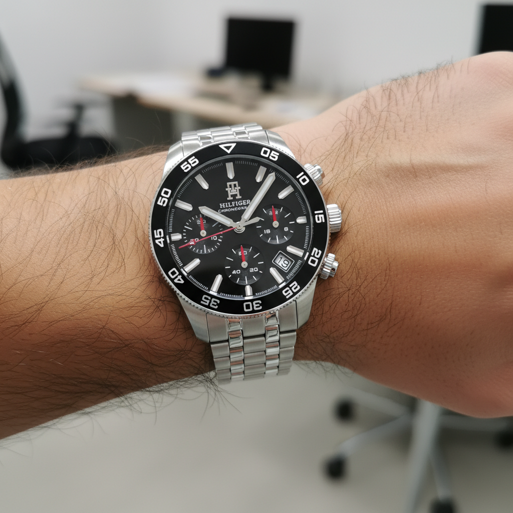 Close up macro view of the black dial, silver markers, and red hand details of Tommy Hilfiger 1792156