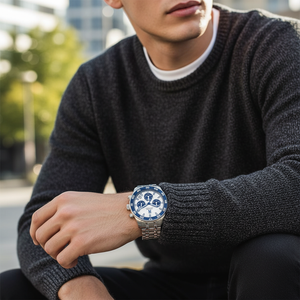 Male model wearing Tommy Hilfiger TH85 1792157 silver and white watch with a casual outfit