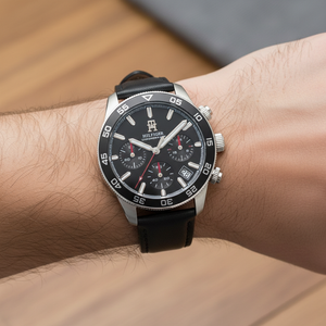 Detailed macro view of the black dial and silver sub-dials of Tommy Hilfiger 1792162