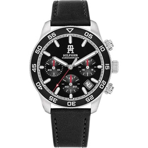 Tommy Hilfiger TH85 1792162 men's chronograph watch with silver case, black bezel, and black leather strap
