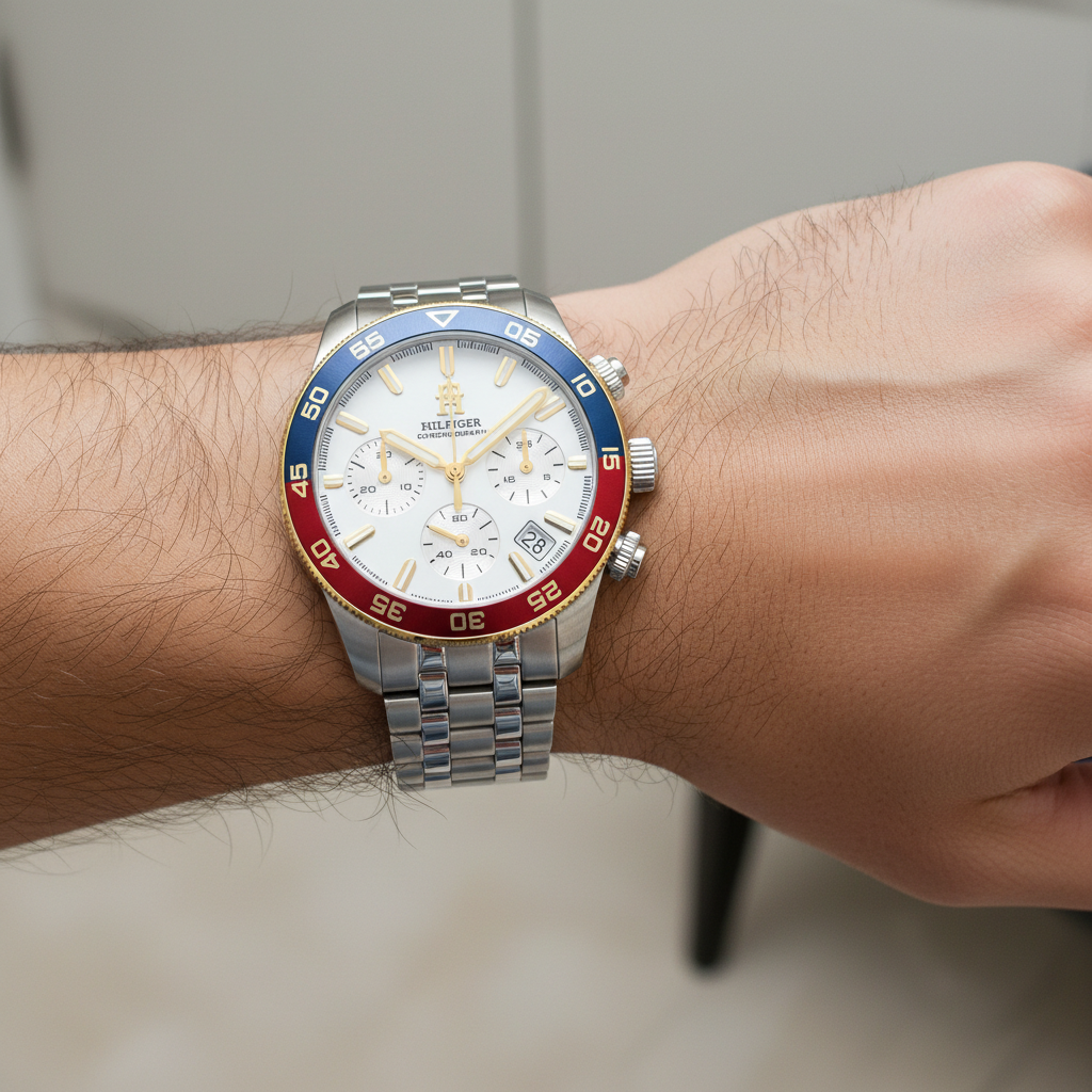 Close up macro view of the white dial and gold-tone luminescent markers of Tommy Hilfiger 1792184