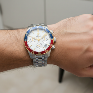 Close up macro view of the white dial and gold-tone luminescent markers of Tommy Hilfiger 1792184