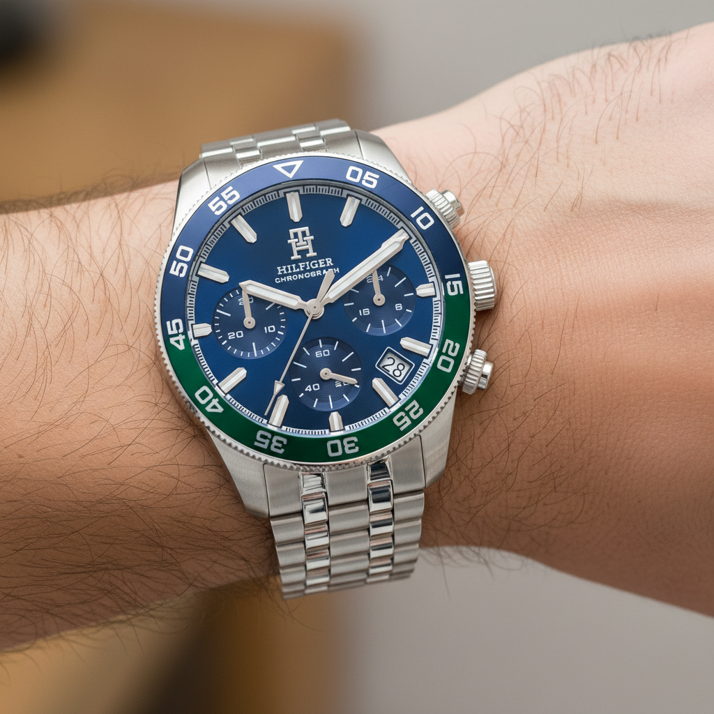 Detailed macro view of the blue dial, luminescent markers, and date window of Tommy Hilfiger 1792185