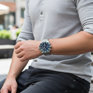 Male model wearing Tommy Hilfiger TH85 1792185 blue-green bezel watch with a premium outfit