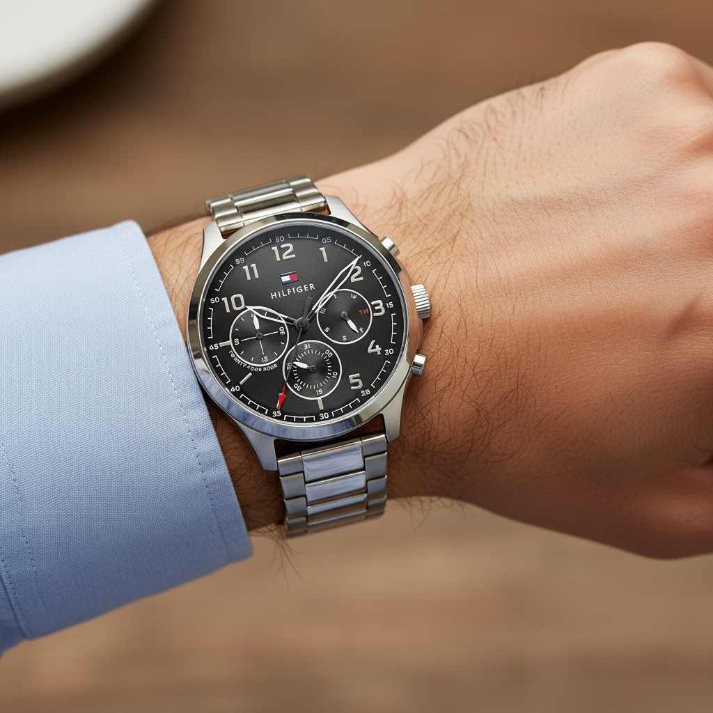 Close up of black sunray dial with Arabic numerals and sub-dials of Tommy Hilfiger 1791852