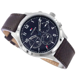 Angled shot highlighting the brown genuine leather strap on Tommy Hilfiger 1791855