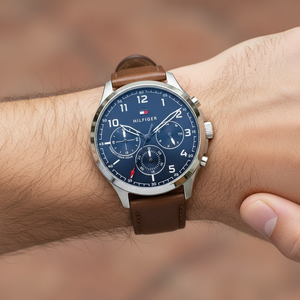 Close up of blue dial and multi-function sub-dials of Tommy Hilfiger 1791855