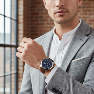 Man wearing casual Tommy Hilfiger Asher 1791855 watch with blue dial and leather