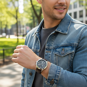 Man wearing modern Tommy Hilfiger Austin 1791637 watch with dark brown leather strap