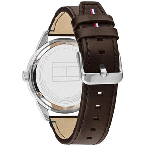 Profile view of Tommy Hilfiger Austin showing case thickness and dark brown leather strap