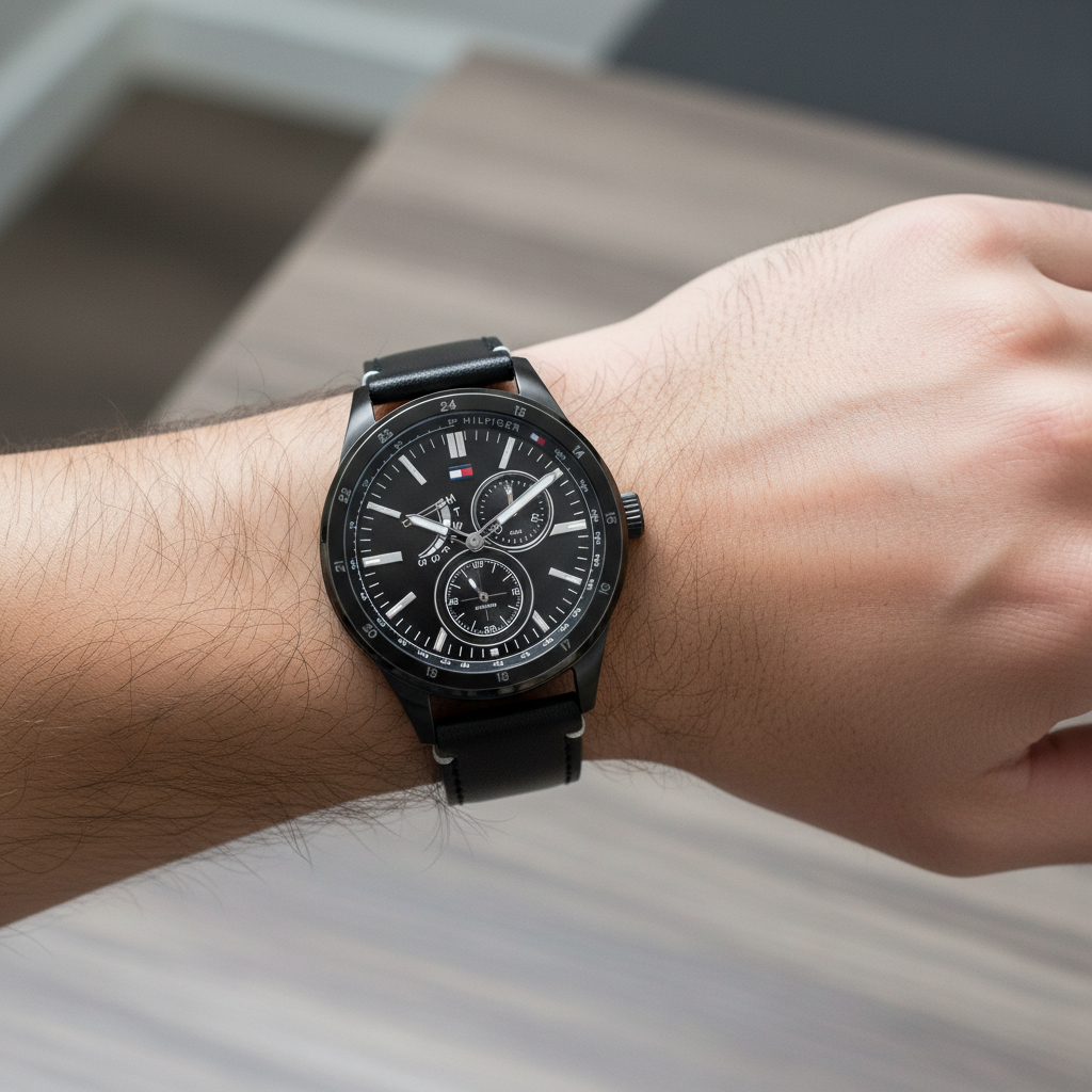 Close up of black dial and multi-function sub-dials of Tommy Hilfiger 1791638